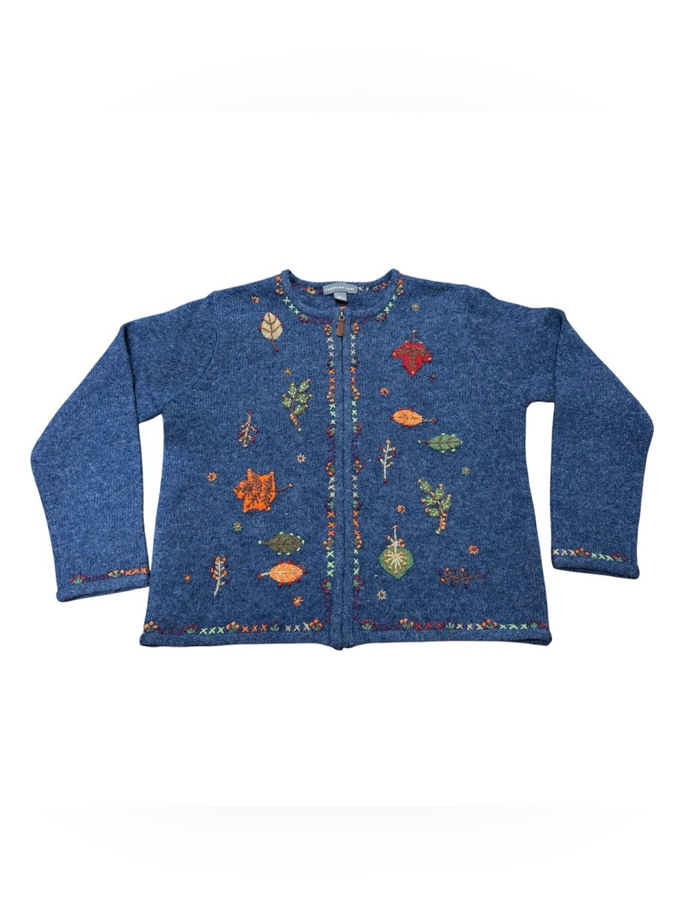 Northern Isles 100% Wool Blue Autumn Leaves Zip Cardigan Sweater Size Large